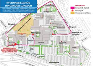 Kort sem sýnir að inngangur Barnaspítala Hringsins er jafnframt inngangur kvennadeilda í 3 vikur frá 25. janúar 2016.